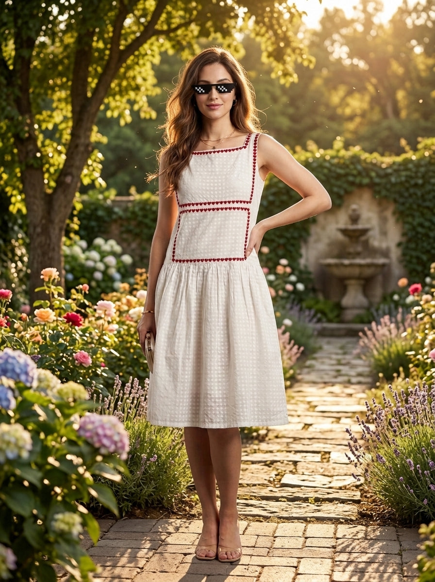 Handblock Printed Cotton Dress with Heart Embroidery | Cream Midi