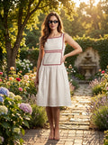 Handblock Printed Cotton Dress with Heart Embroidery | Cream Midi