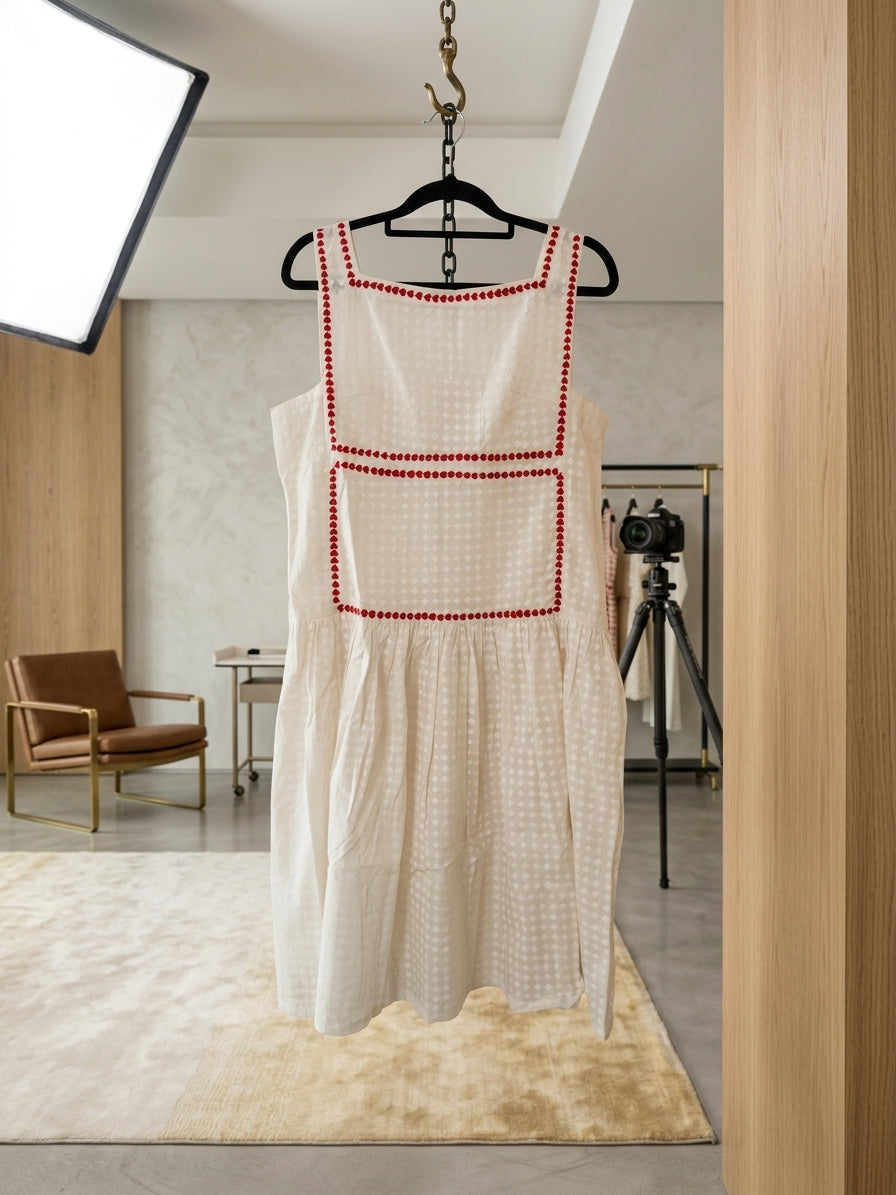 Handblock Printed Cotton Dress with Heart Embroidery | Cream Midi