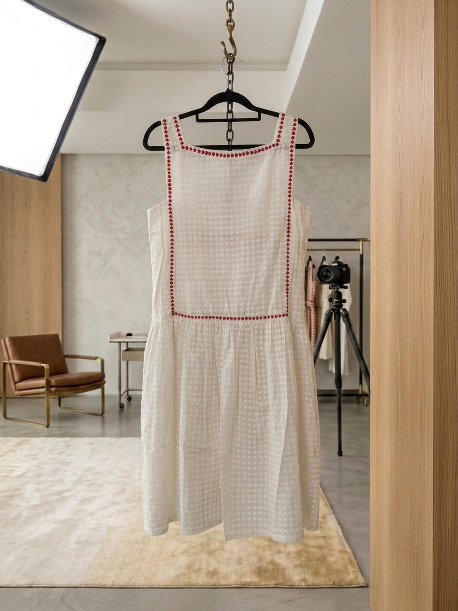 Handblock Printed Cotton Dress with Heart Embroidery | Cream Midi