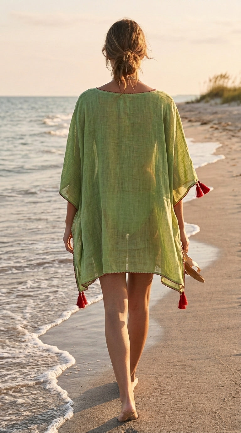 Olive Green Block Print Cotton Kaftan — Red Tassel Trim, Enzyme Washed