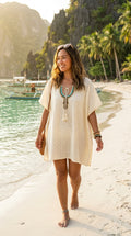 Ivory Eyelet Kaftan / summer top — Beaded Tassel Tie, Beach Cover-Up