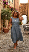 Italian Linen Maxi Dress — Slate Blue, Asymmetric Hem, One Size | Made in Italy