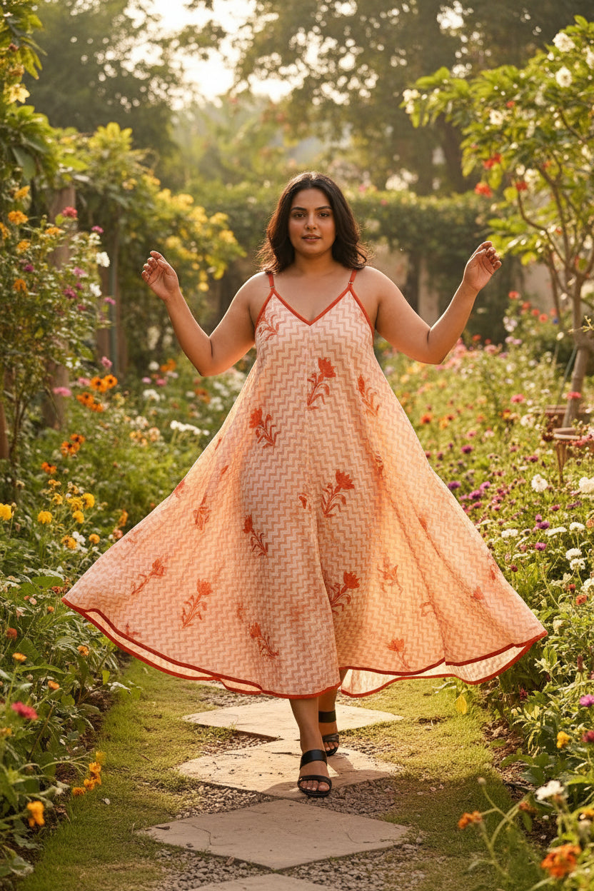 Peach Chevron & Floral Screen Print Cotton Maxi Dress — V-Neck, Red Piping, One Size