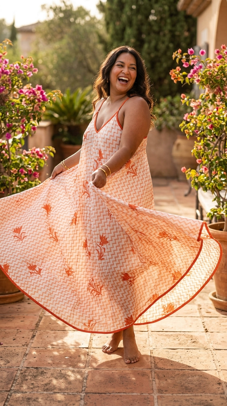 Peach Chevron & Floral Screen Print Cotton Maxi Dress — V-Neck, Red Piping, One Size