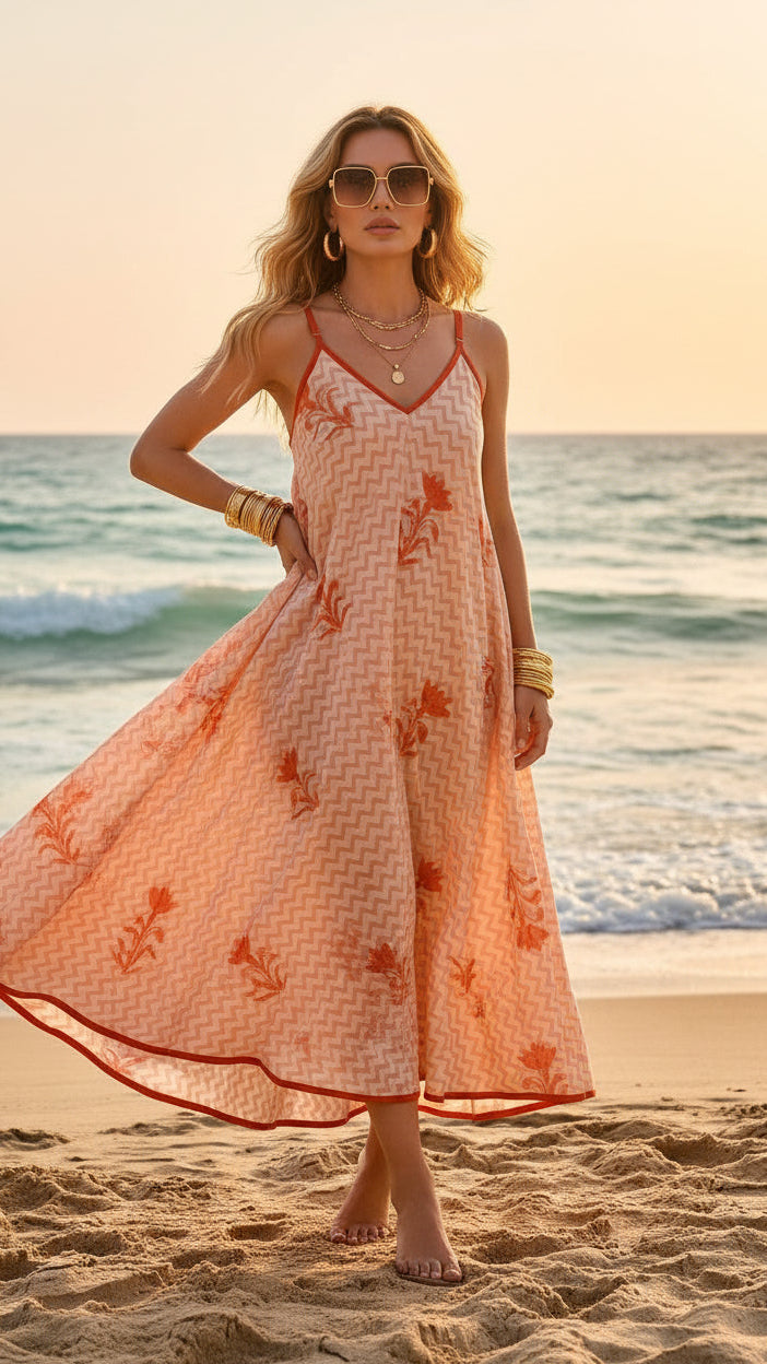 Peach Chevron & Floral Screen Print Cotton Maxi Dress — V-Neck, Red Piping, One Size