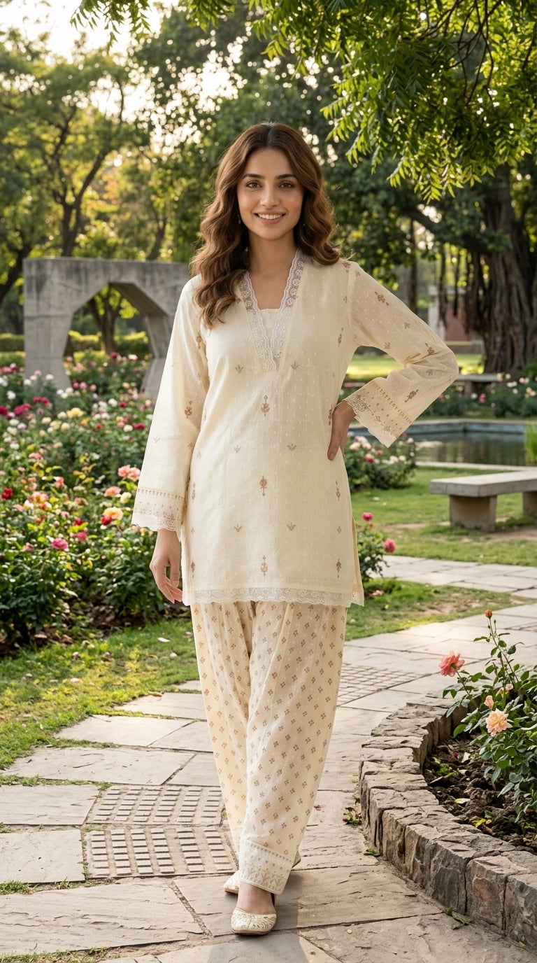Woman in a cream traditional outfit standing in a garden with flowers and a bench.