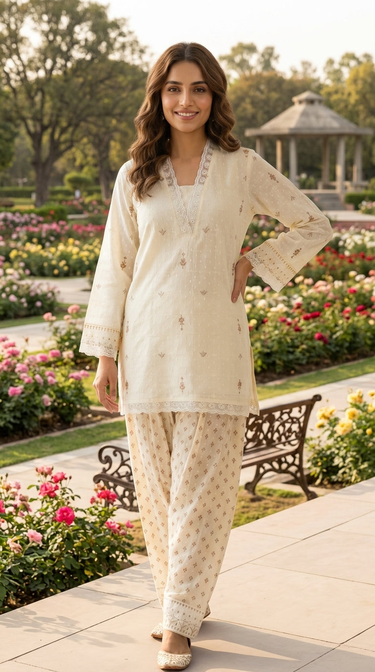 Ivory cotton farshi palazzo co-ord set kameez and lace trim, styled with white jutti — Luxmee Global Fashion