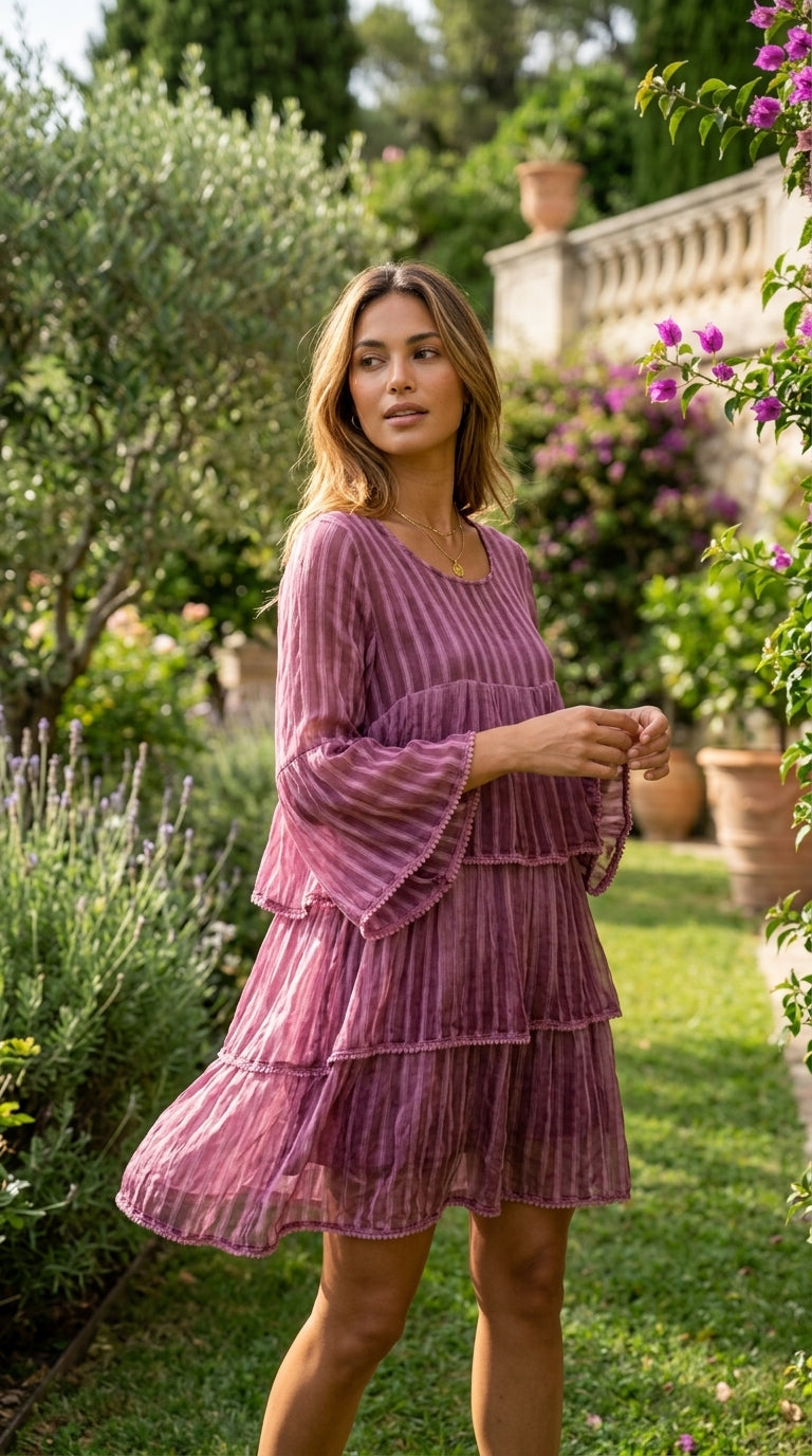 Plum Hand-Dyed Viscose Tiered Mini Dress | Pom-Pom Trim | Bell Sleeves | With Cotton Slip