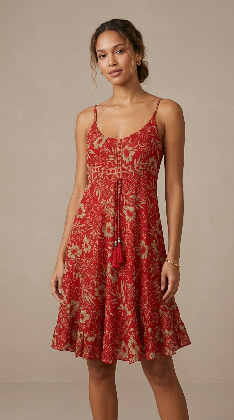 Model in red batik floral tassel-tie mini dress, front view, studio