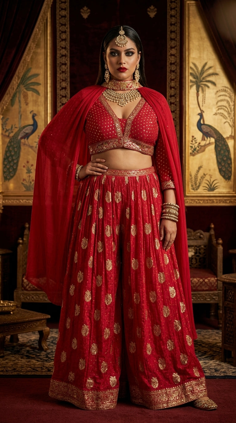 Crimson Gold Sequin Sharara Set with Dupatta —  Size XXL