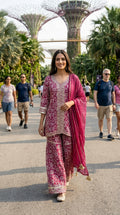 Magenta Floral embroidered  3-Piece Kurta Set — Muslin Modal, Palazzo & Dupatta