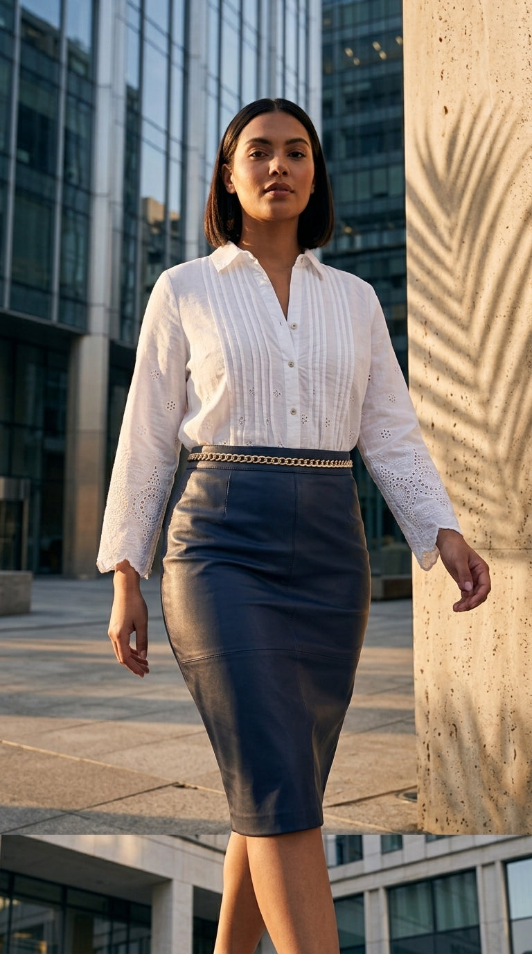 Model styling white eyelet tunic blouse with navy pencil skirt, city setting