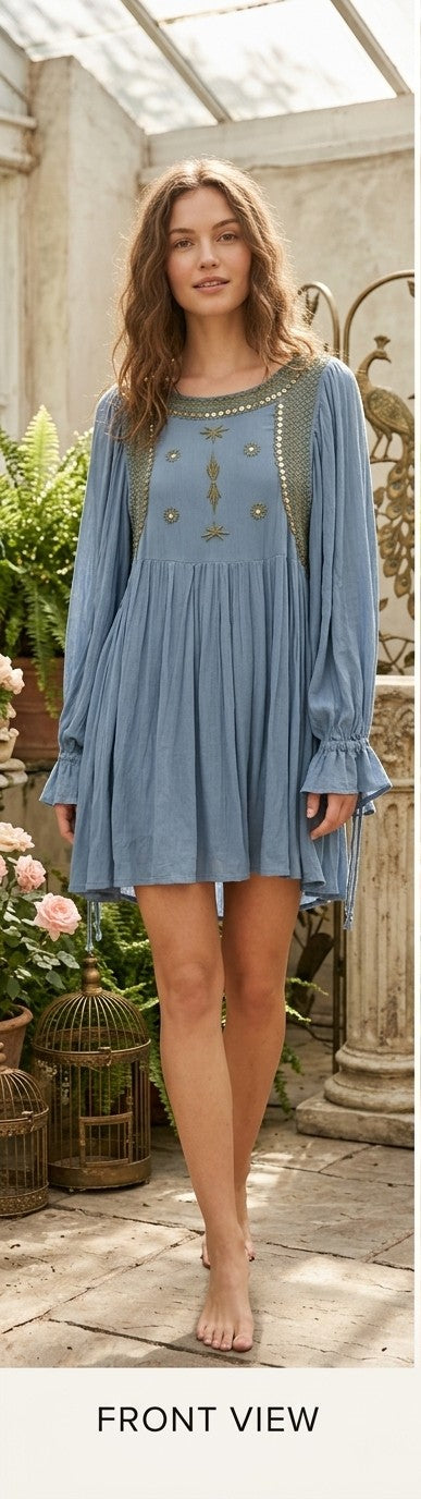 Steel Blue Embroidered Babydoll Mini Dress | Open Back | Crinkle Rayon | L–XL