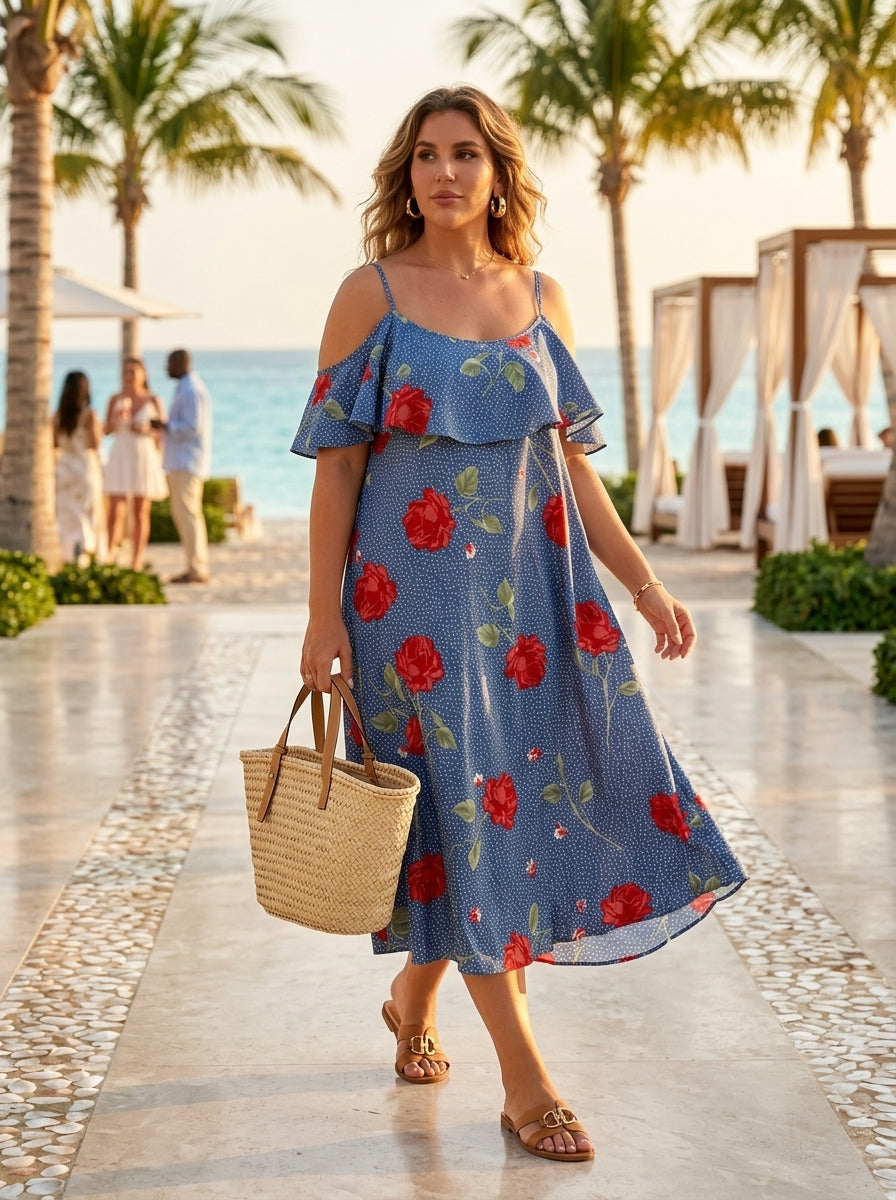 Blue Rose Print Cold-Shoulder Dress