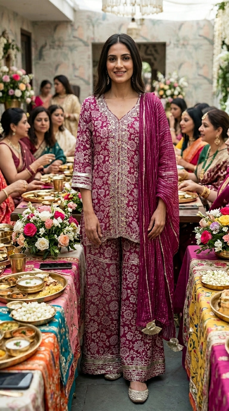 Magenta Floral embroidered  3-Piece Kurta Set — Muslin Modal, Palazzo & Dupatta