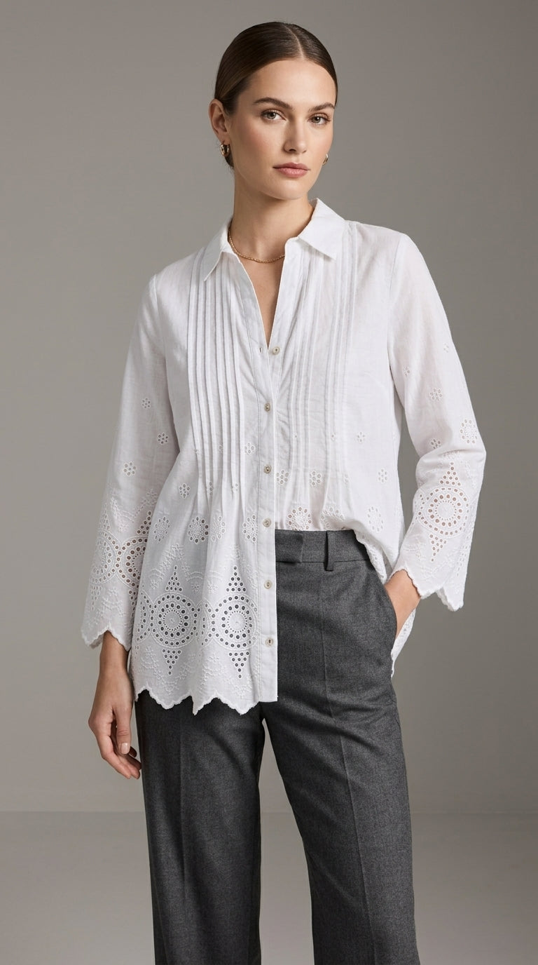 White Eyelet Embroidered Pintuck Cotton Tunic Blouse