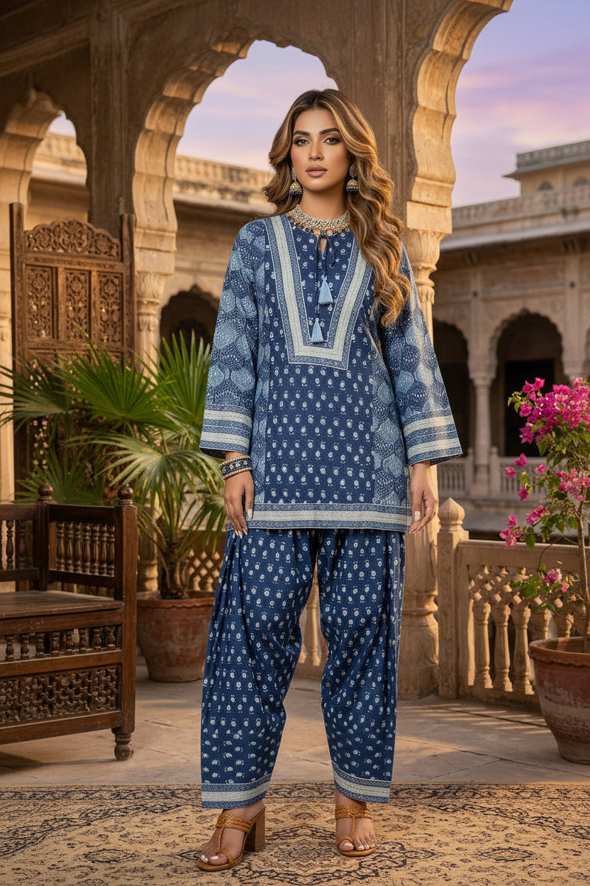 Indigo Printed  Cotton Co-ord Set — Kameez & Farshi Salwar