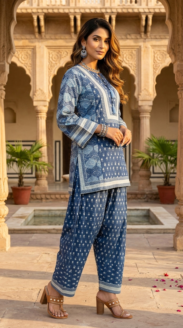 Indigo Printed  Cotton Co-ord Set — Kameez & Farshi Salwar