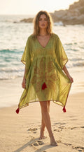 Olive Green Block Print Cotton Kaftan — Red Tassel Trim, Enzyme Washed