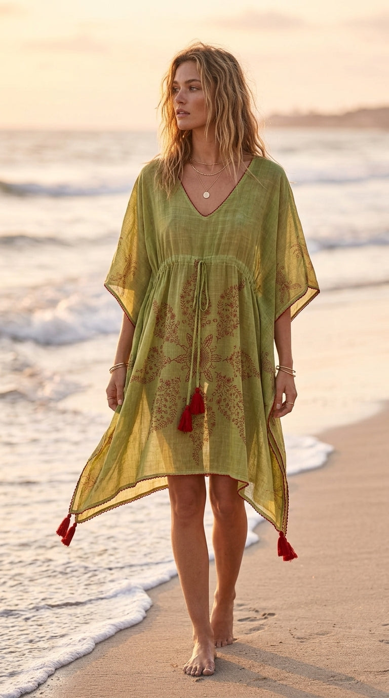 Olive Green Block Print Cotton Kaftan — Red Tassel Trim, Enzyme Washed