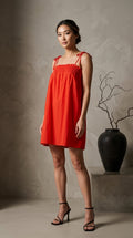 Tomato Red Smocked Bust Mini Dress — Cotton ,fully lined ,Tie Shoulder Straps