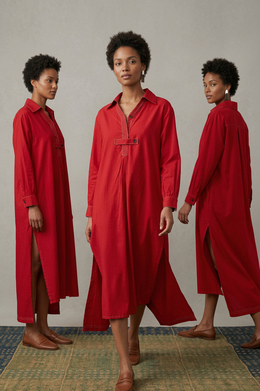 Red Cotton Kurta & Palazzo Co-ord Set | Contrast Topstitch | Artisan Craft | Size 46