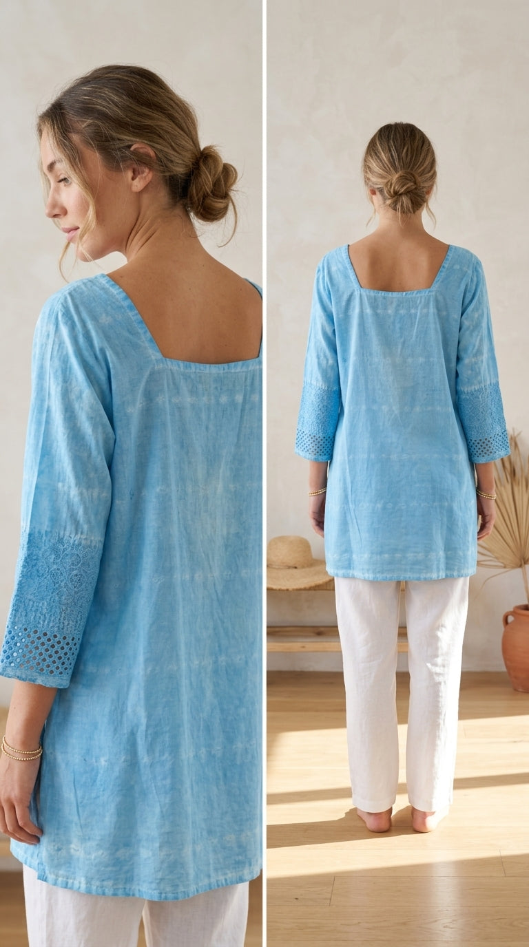 Sky Blue Mineral Washed Cotton Tunic Top | Embroidered Hem & Sleeves | XS–XXL