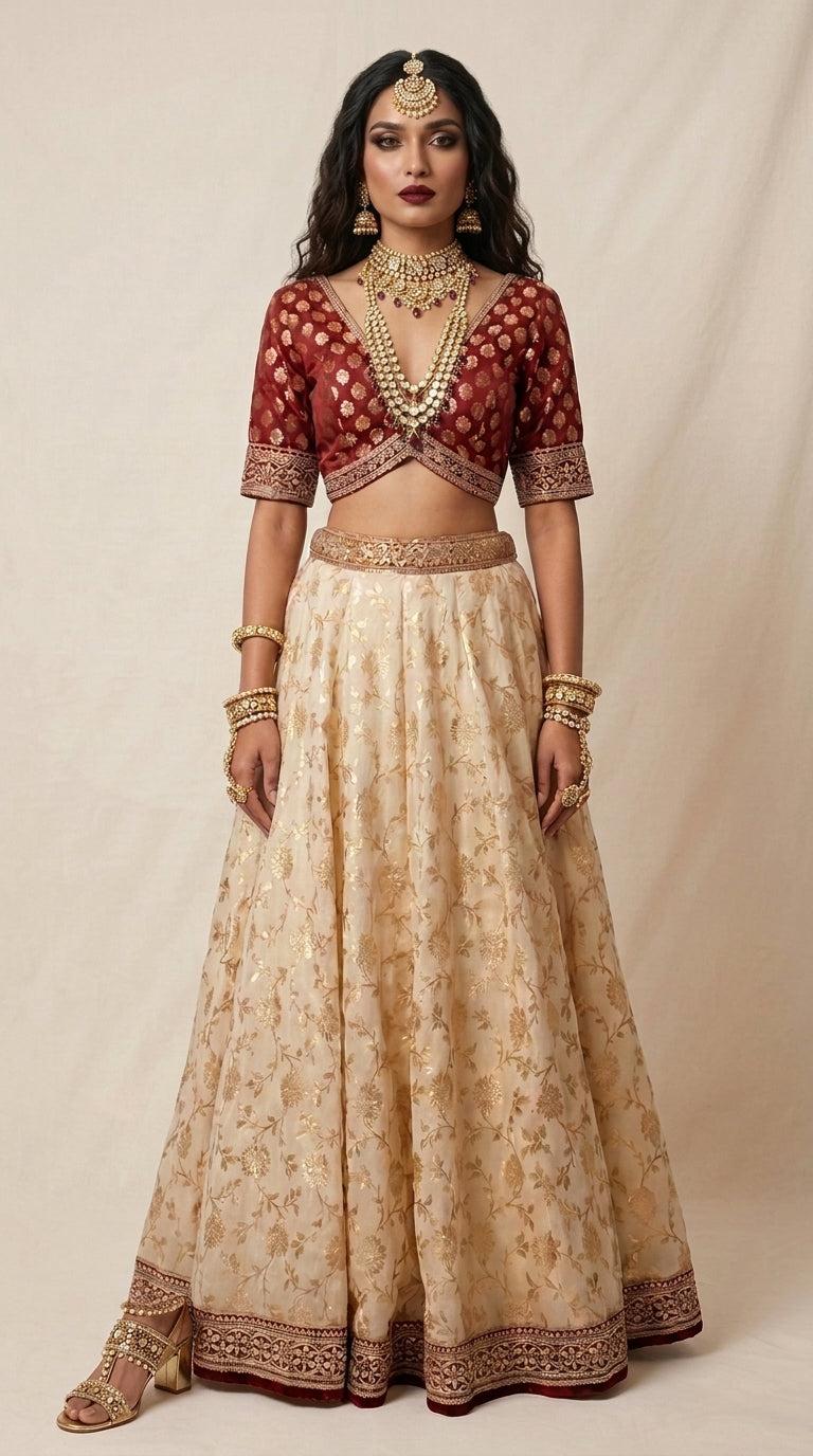 A woman modeling a traditional Indian lehenga choli set against a neutral beige backdrop. The outfit features a deep red embroidered choli with gold motifs and a matching long beige flared skirt with gold floral patterns and a red border.