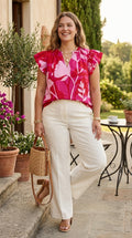 Fuchsia Botanical Ruffle Flutter Top — Poplin, Plus Size