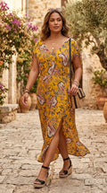 Mustard  Paisley Maxi Dress — Deep V-Neck, Side Slits, Plus Size