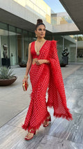 Red Polka Dot Feather Trim Saree
