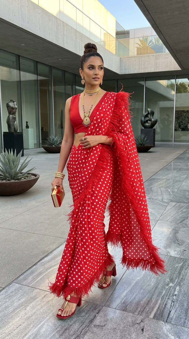 Red Polka Dot Feather Trim Saree