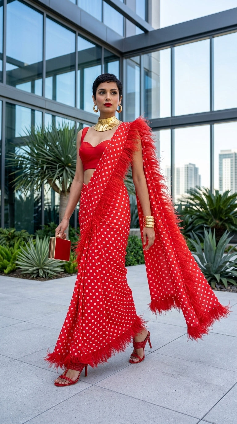 Red Polka Dot Feather Trim Saree