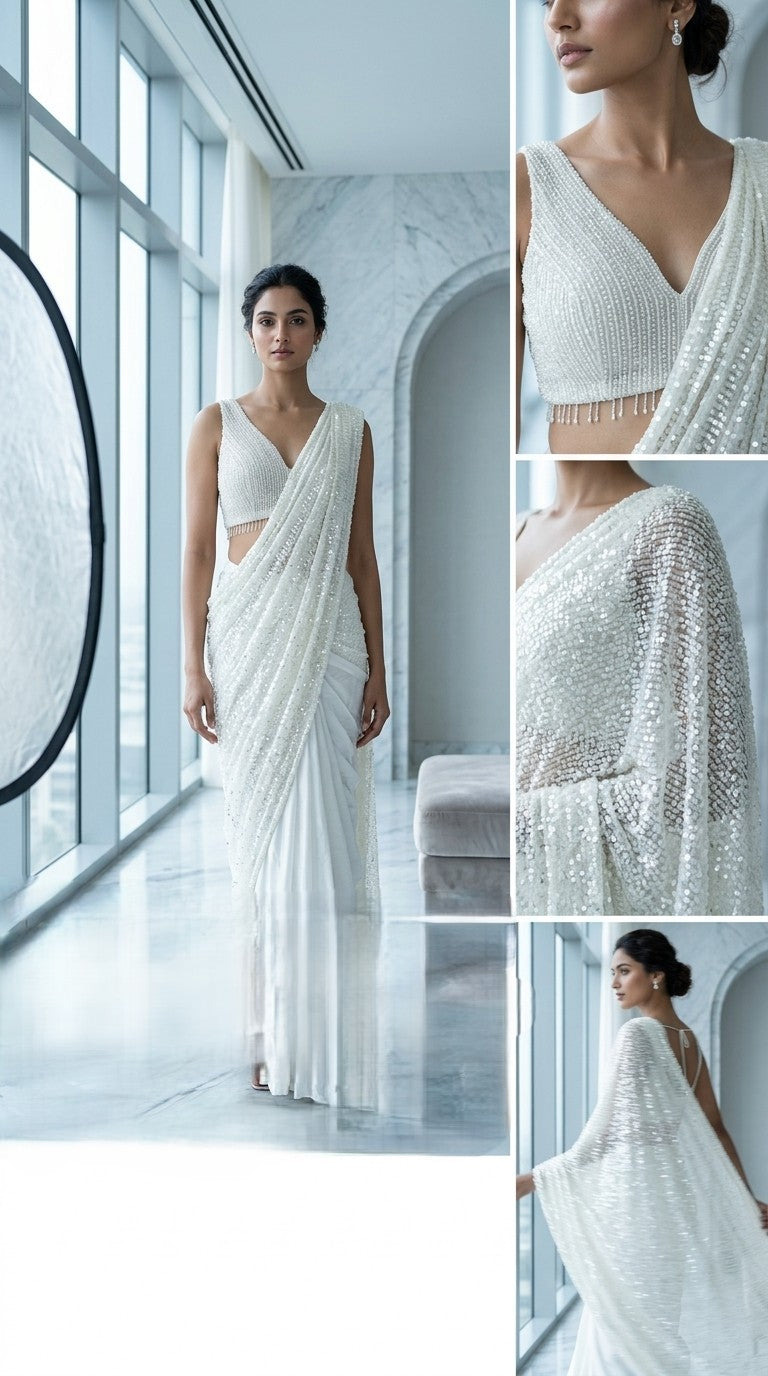Ivory Half & Half Sequin Saree — Pearl Blouse, Two-Way Drape