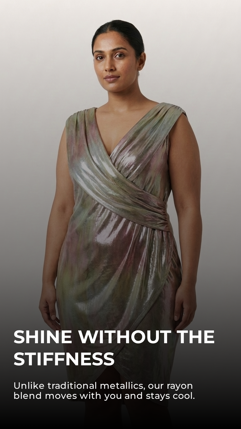 Iridescent Holographic Wrap Dress — Rayon Spandex, Tulip Hem, Plus Size