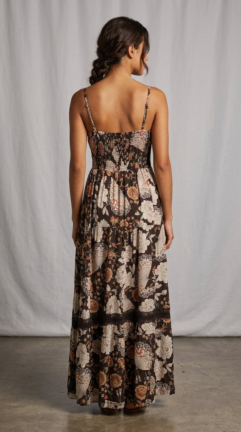 Dark Floral Tiered Maxi Dress, Crochet Lace Trim |