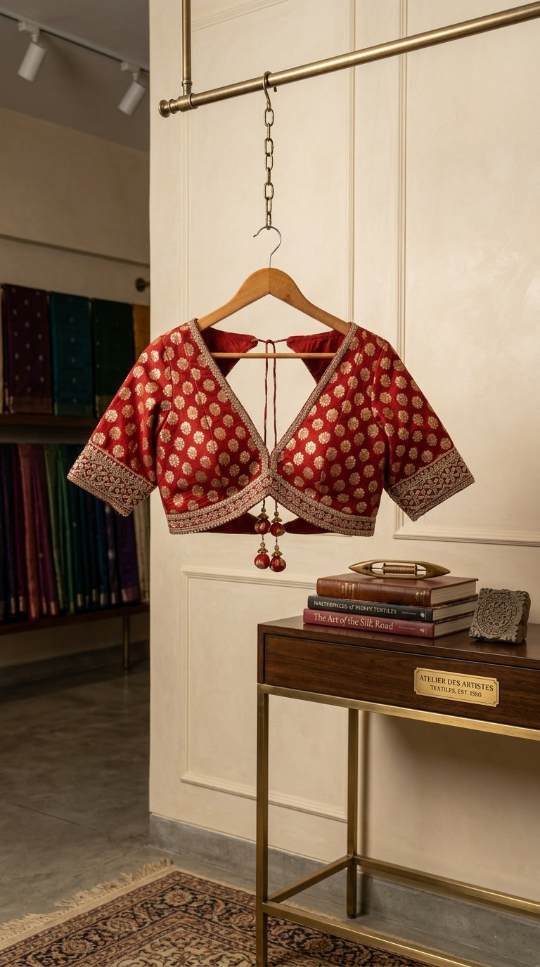 A red and gold patterned blouse on a wooden hanger hanging from a brass rod in a boutique setting, with a wooden console table and books below.