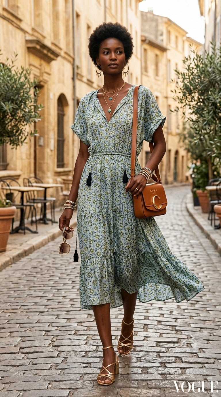 Sage floral tiered silk dress styled with gold sandals on European cobblestone street"