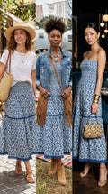 Three women styling indigo  print piece as skirt with tee, festival jacket look, and strapless evening dress