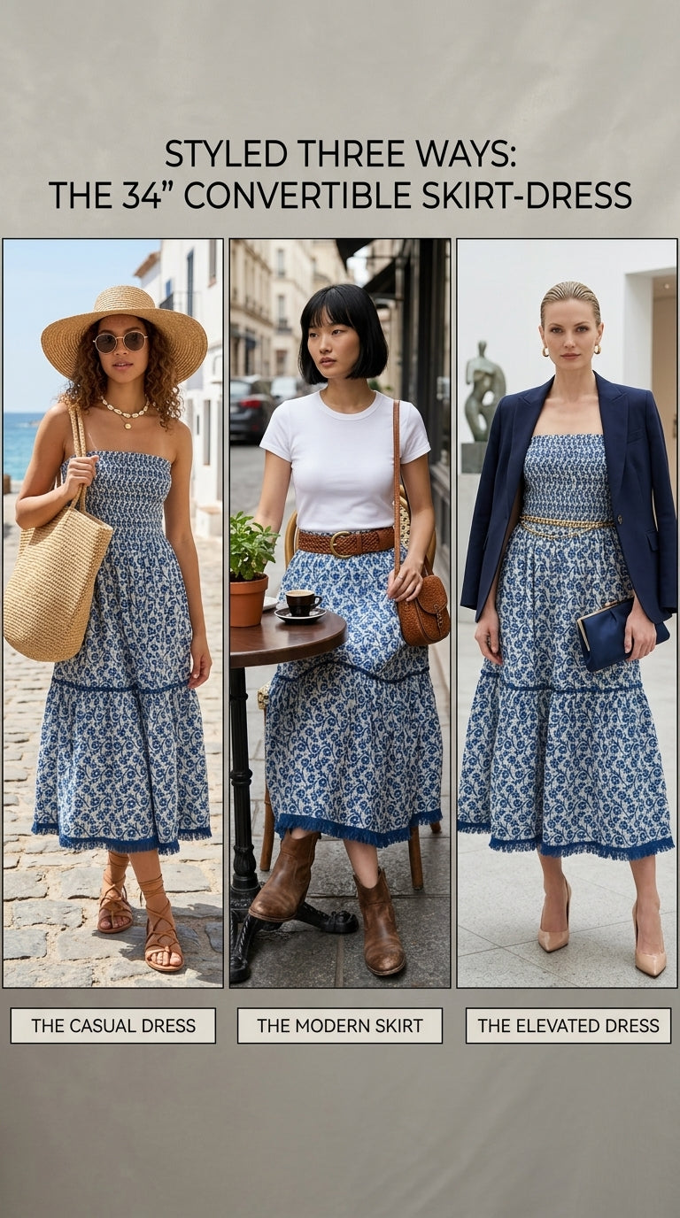 Three ways to style a 34-inch convertible skirt-dress with different outfits.