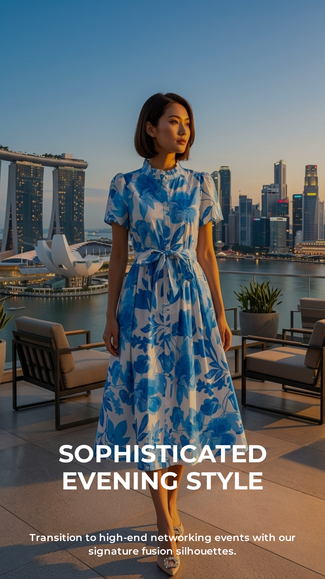 Cobalt Blue Floral Poplin Midi Dress — Ruffle Neck, Belted A-Line, Cotton Lined