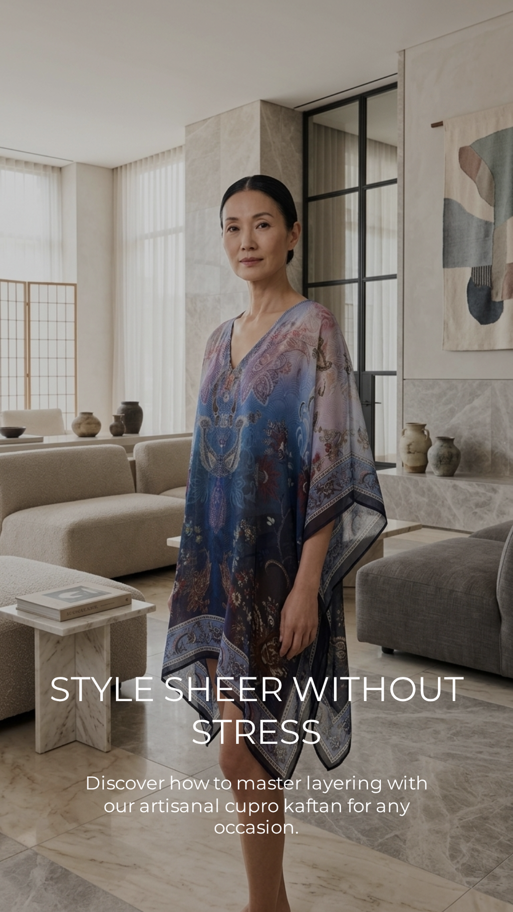 Blue Ombre Paisley Kaftan — Cupro, Handkerchief Hem | Sevya USA