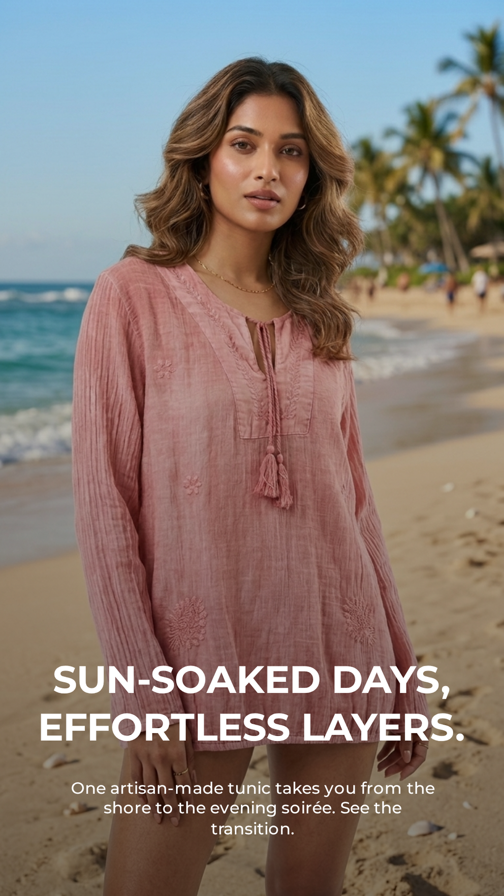 Dusty Rose Mineral Wash Cotton Voile Tunic — Hand Embroidery, Tassel Tie