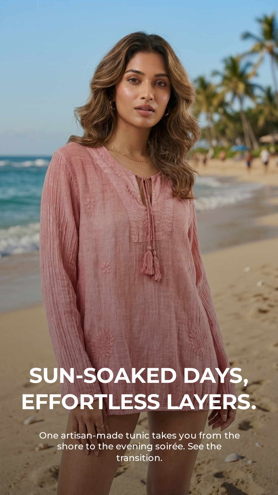 Dusty Rose Mineral Wash Cotton Voile Tunic — Hand Embroidery, Tassel Tie