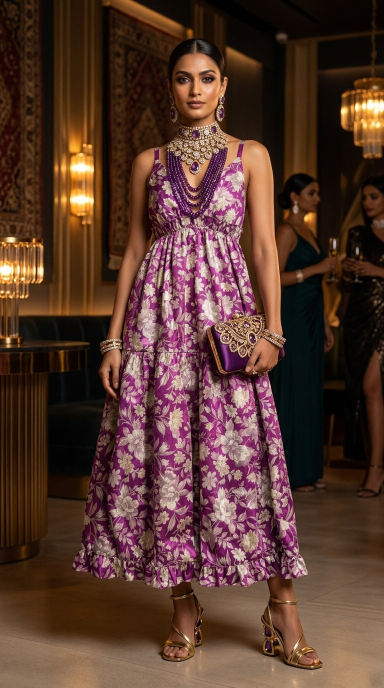 Purple Floral Brocade Plunge Maxi Dress