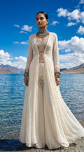 Ivory Embroidered 3-Piece Set — Sequin Jacket, Crop Top & Sharara, Size XL