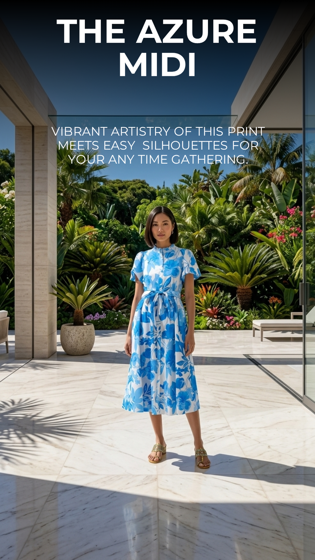 Cobalt Blue Floral Poplin Midi Dress — Ruffle Neck, Belted A-Line, Cotton Lined