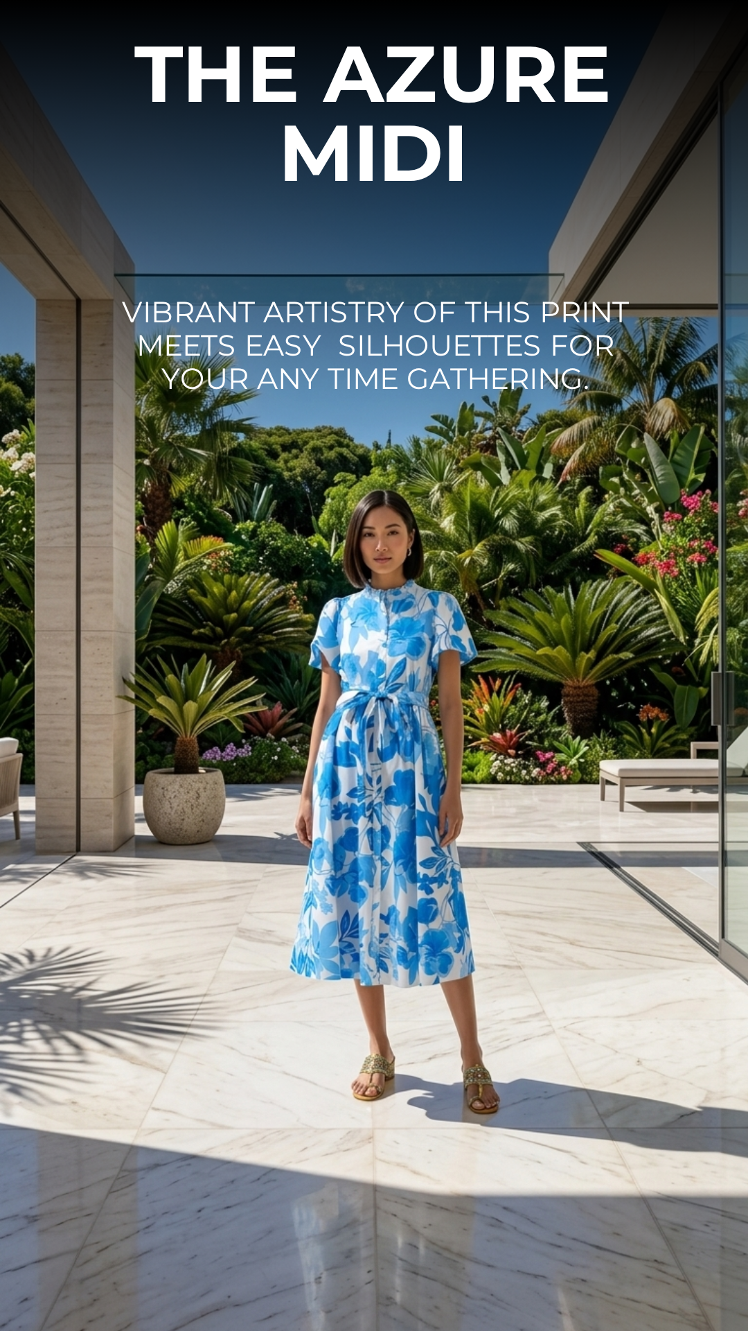 Cobalt Blue Floral Poplin Midi Dress — Ruffle Neck, Belted A-Line, Cotton Lined