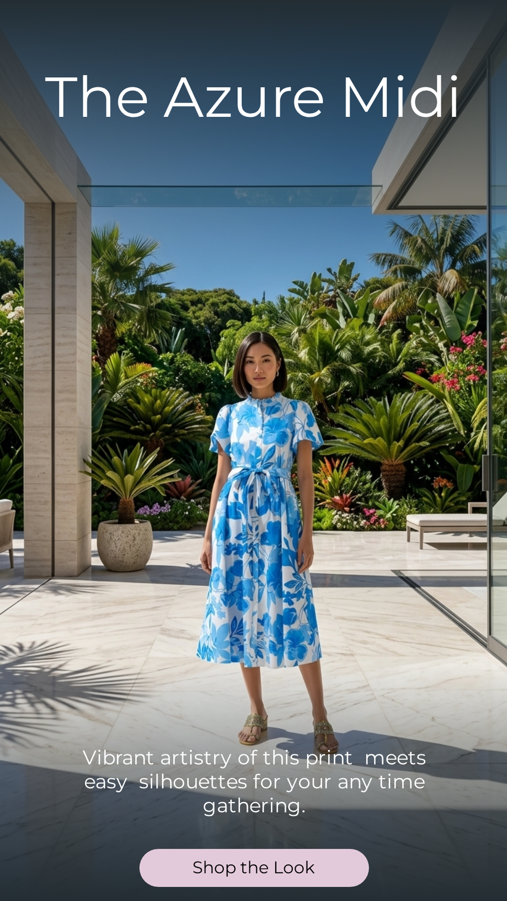 Cobalt Blue Floral Poplin Midi Dress — Ruffle Neck, Belted A-Line, Cotton Lined